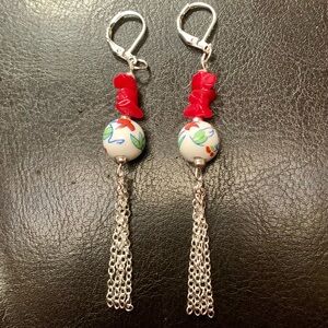 ⭐️2/$10 Red Coral Painted Ceramic Silver Lantern Handcrafted Earrings